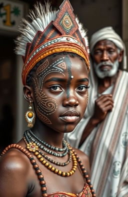 A modern young girl with half her face painted and adorned as a traditional African priestess, showcasing intricate tribal patterns and vibrant colors