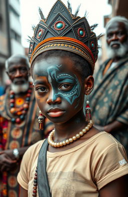 A modern young girl with half her face painted and adorned as a traditional African priestess, showcasing intricate tribal patterns and vibrant colors