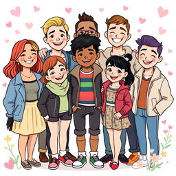 A group of LGBT individuals standing together, smiling joyfully in the charming and vibrant art style inspired by the graphic novel 'Heartstopper