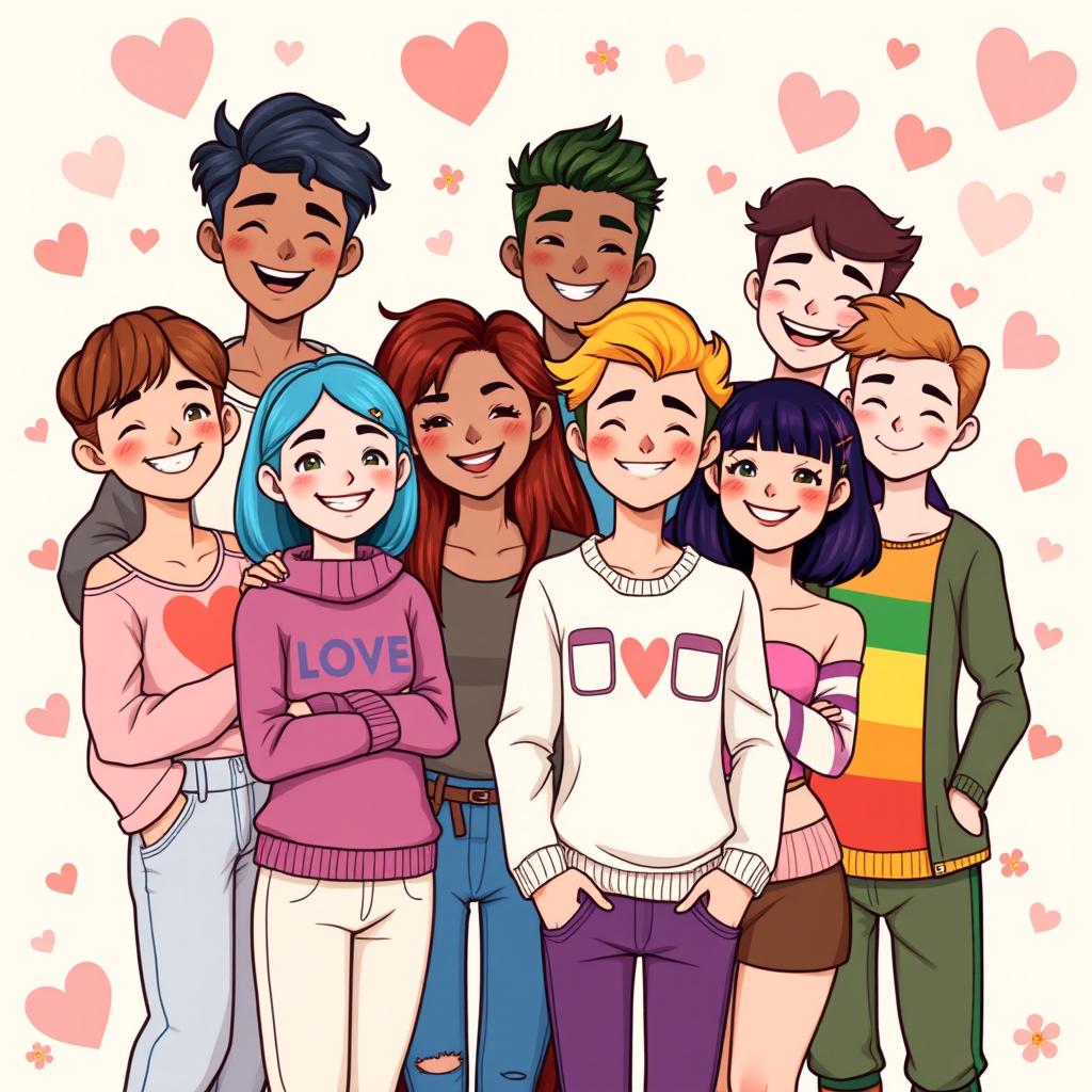 A group of LGBT individuals standing together, smiling joyfully in the charming and vibrant art style inspired by the graphic novel 'Heartstopper