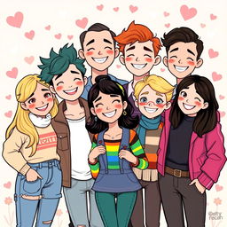 A group of LGBT individuals standing together, smiling joyfully in the charming and vibrant art style inspired by the graphic novel 'Heartstopper