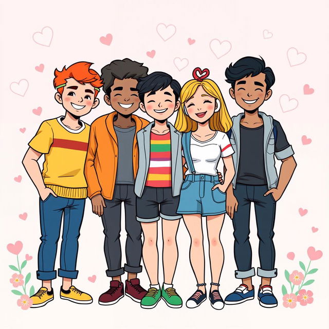 A group of LGBT individuals standing together, smiling joyfully in the charming and vibrant art style inspired by the graphic novel 'Heartstopper