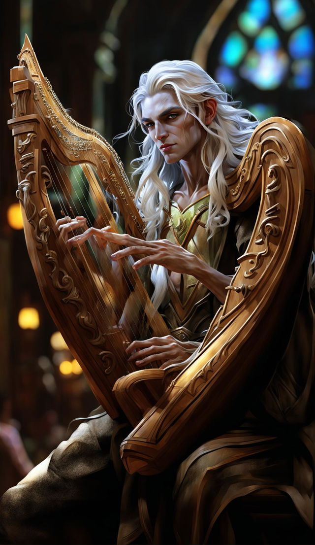 Hyper-realistic digital art of a DND elven bard playing a supremely intricate, radiant oak harp in an opulent hall, with extreme intensity, unparalleled beauty, and ultra-high resolution.