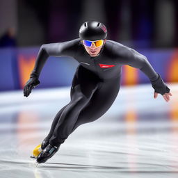 Form-fitting long-track speed skating attire for an adult male, designed for aerodynamics and speed, including a helmet, skin-tight suit, and speed skates.