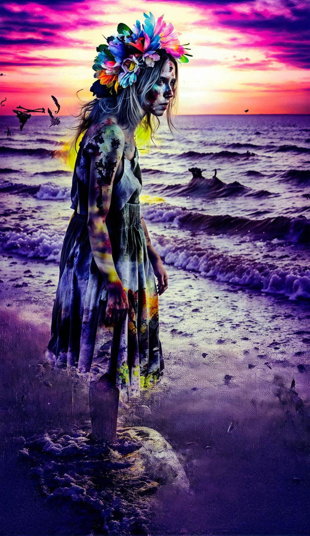 Decaying zombie woman in tattered sundress and vibrant floral headpiece standing at beach shoreline during brilliant sunset. Full body side profile view. Double exposure technique used for ethereal effect. Ultra-detailed 36k professional photograph.