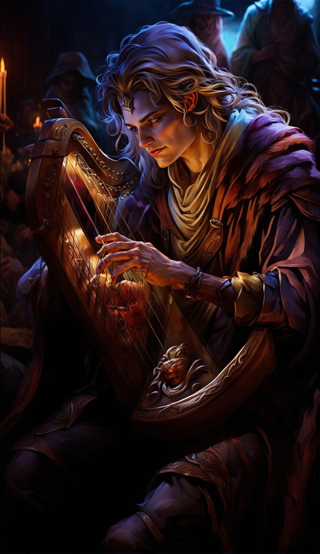 Intense close-up of a DND bard playing a beautifully crafted harp in a dark, moody setting.