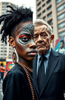 A striking portrait of a young city girl on the left, showcasing a vibrant urban fashion sense, with one half of her face transformed into a traditional African priestess, adorned with intricate tribal makeup and patterns