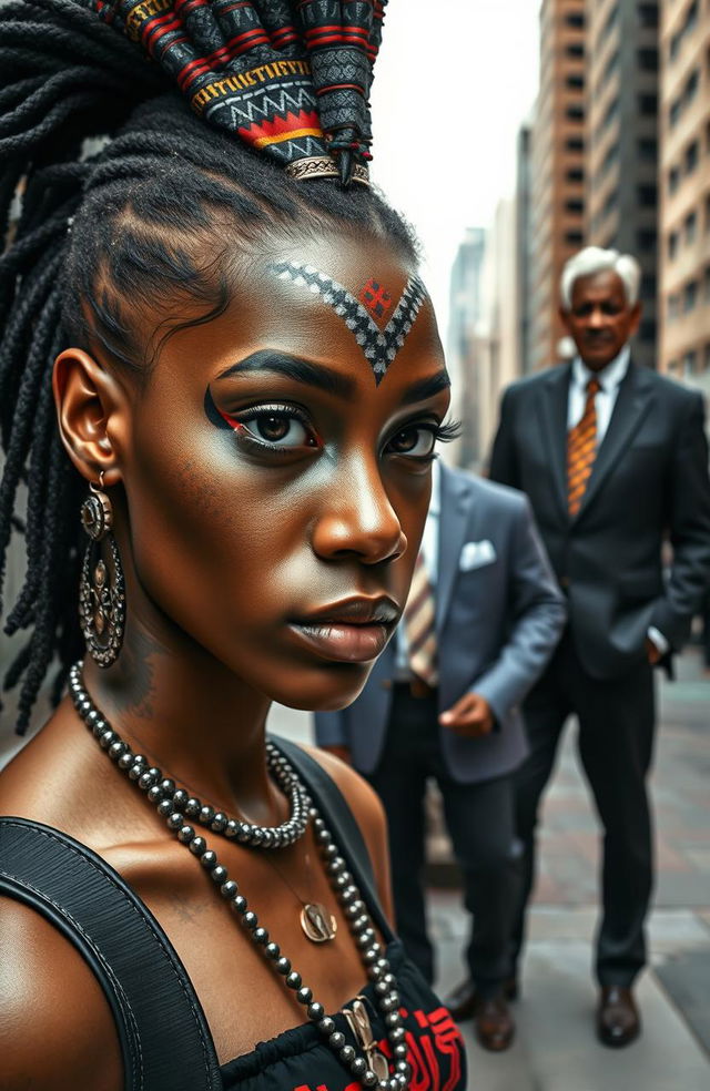 A striking portrait of a young city girl on the left, showcasing a vibrant urban fashion sense, with one half of her face transformed into a traditional African priestess, adorned with intricate tribal makeup and patterns