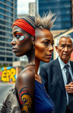 A striking portrait of a young city girl on the left, showcasing a vibrant urban fashion sense, with one half of her face transformed into a traditional African priestess, adorned with intricate tribal makeup and patterns