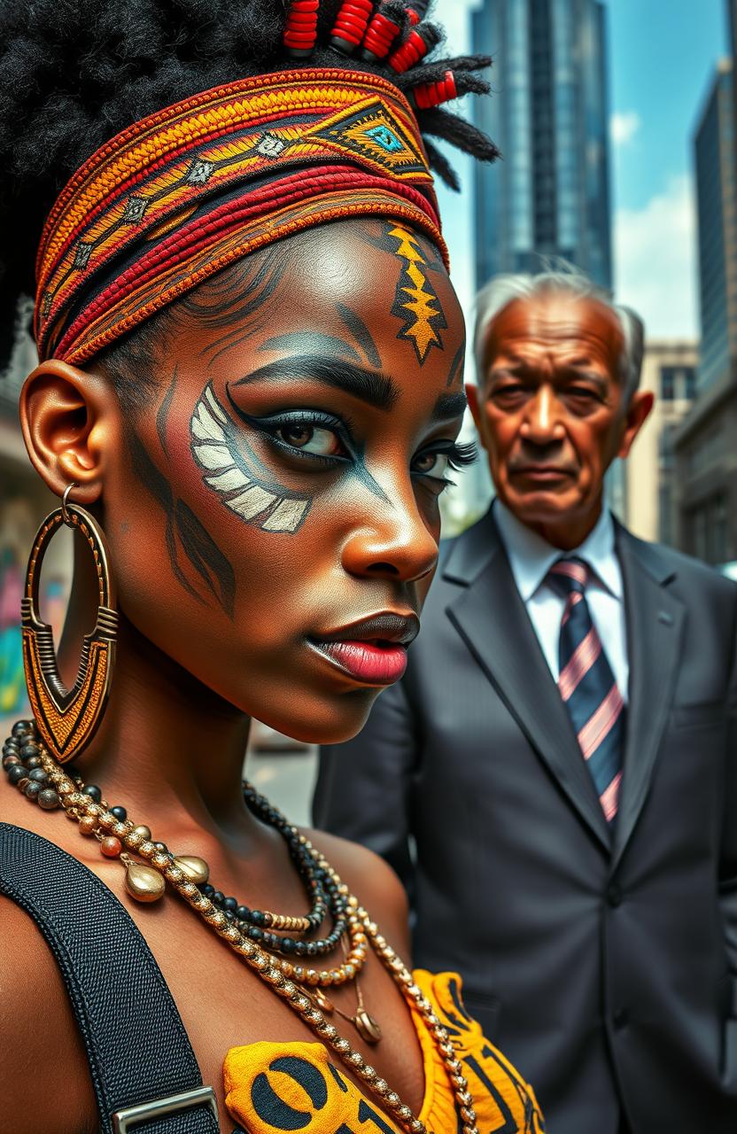 A striking portrait of a young city girl on the left, showcasing a vibrant urban fashion sense, with one half of her face transformed into a traditional African priestess, adorned with intricate tribal makeup and patterns