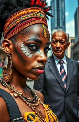 A striking portrait of a young city girl on the left, showcasing a vibrant urban fashion sense, with one half of her face transformed into a traditional African priestess, adorned with intricate tribal makeup and patterns