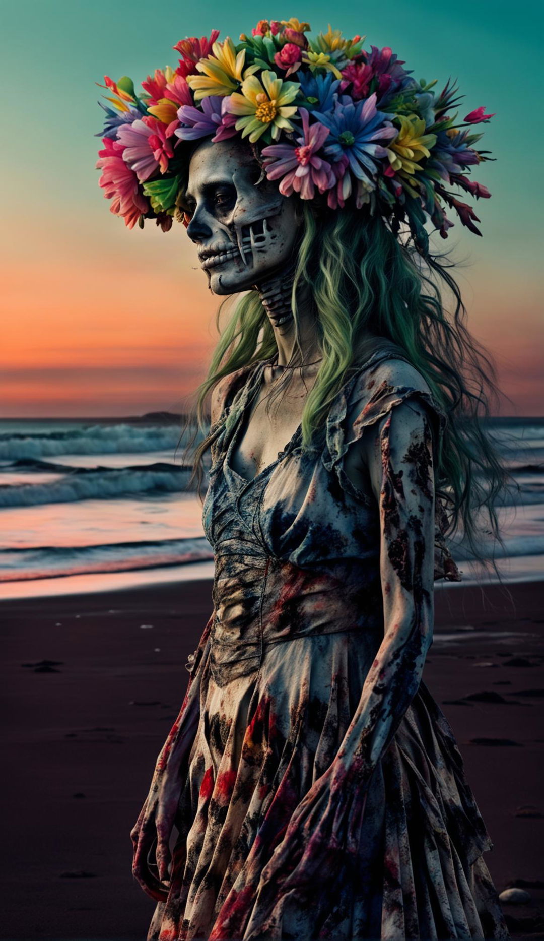 A decaying zombie woman in a tattered sundress stands at a beach shoreline under a sunset. She wears a vibrant floral headpiece and stares calmly at the horizon. The scene is captured in ultra-high 36k resolution.