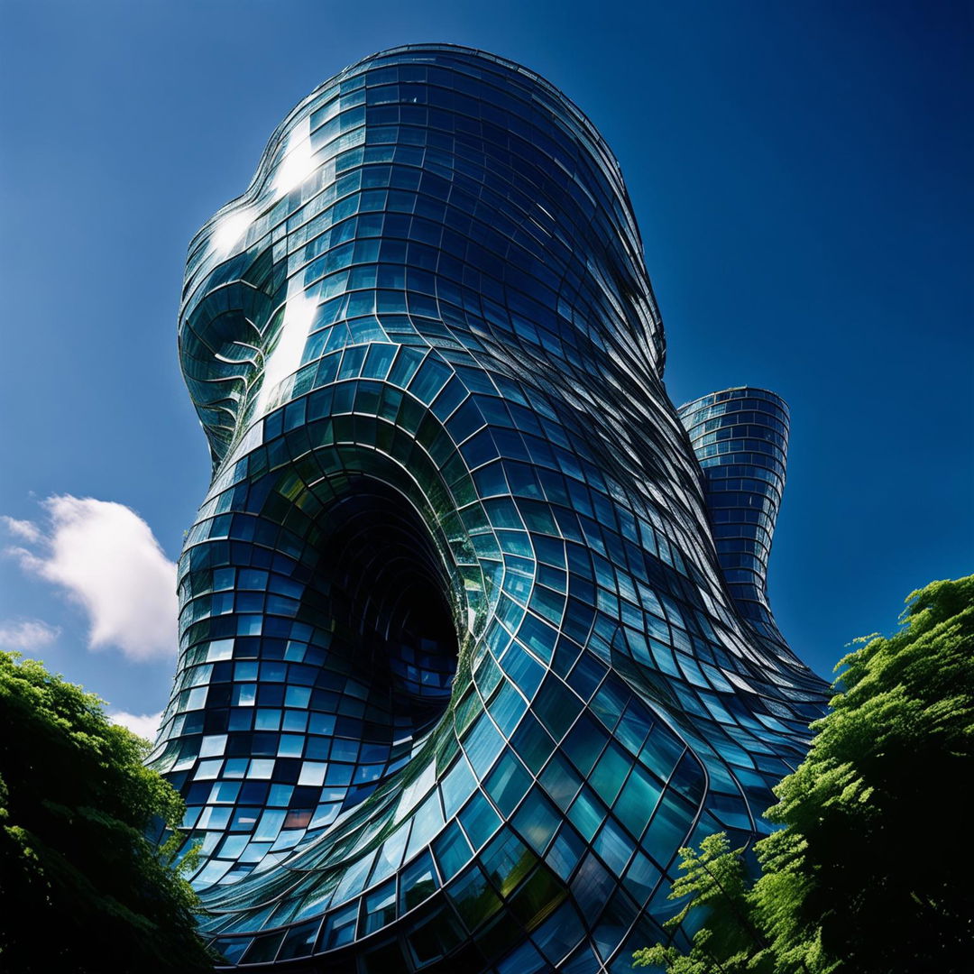 A full view of a futuristic building inspired by a vine, captured in high-definition architectural photography. The structure is intricate and elegant, with details reflecting nature's patterns.