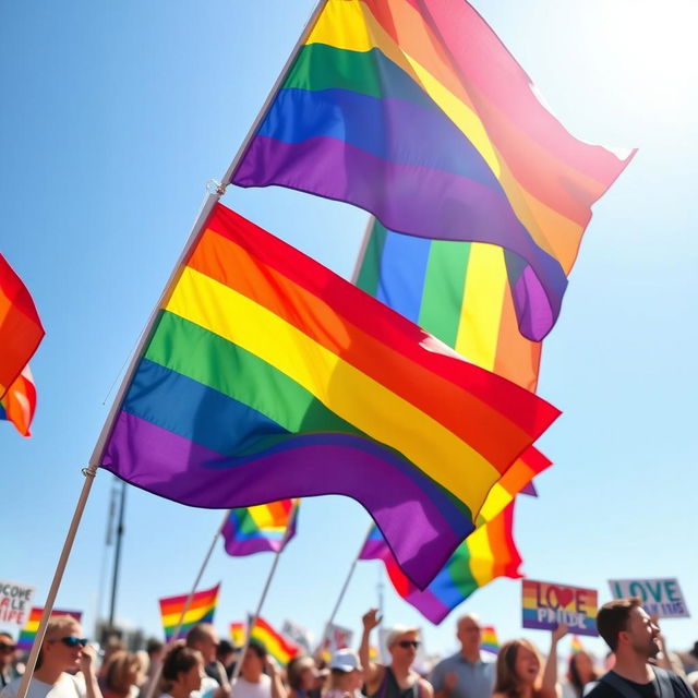 A vibrant display of colorful rainbow flags blowing in a gentle breeze, set against a bright blue sky