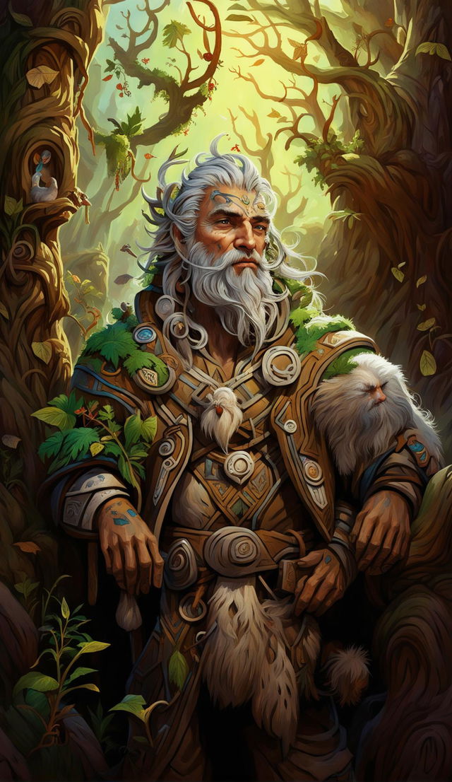 Close-up DND art featuring a Druid in nature. The Druid's face is weathered yet serene, adorned with tokens of nature. He wears a cloak etched with patterns of vines and leaves. The background is vibrant with towering trees and woodland creatures. The image is picturesque in its composition.