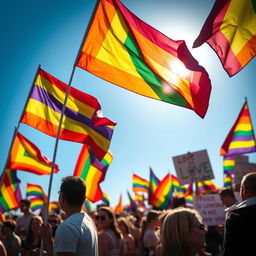 A vibrant display of colorful rainbow flags blowing in a gentle breeze, set against a bright blue sky