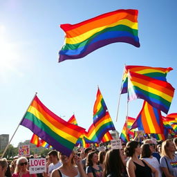 A vibrant display of colorful rainbow flags blowing in a gentle breeze, set against a bright blue sky