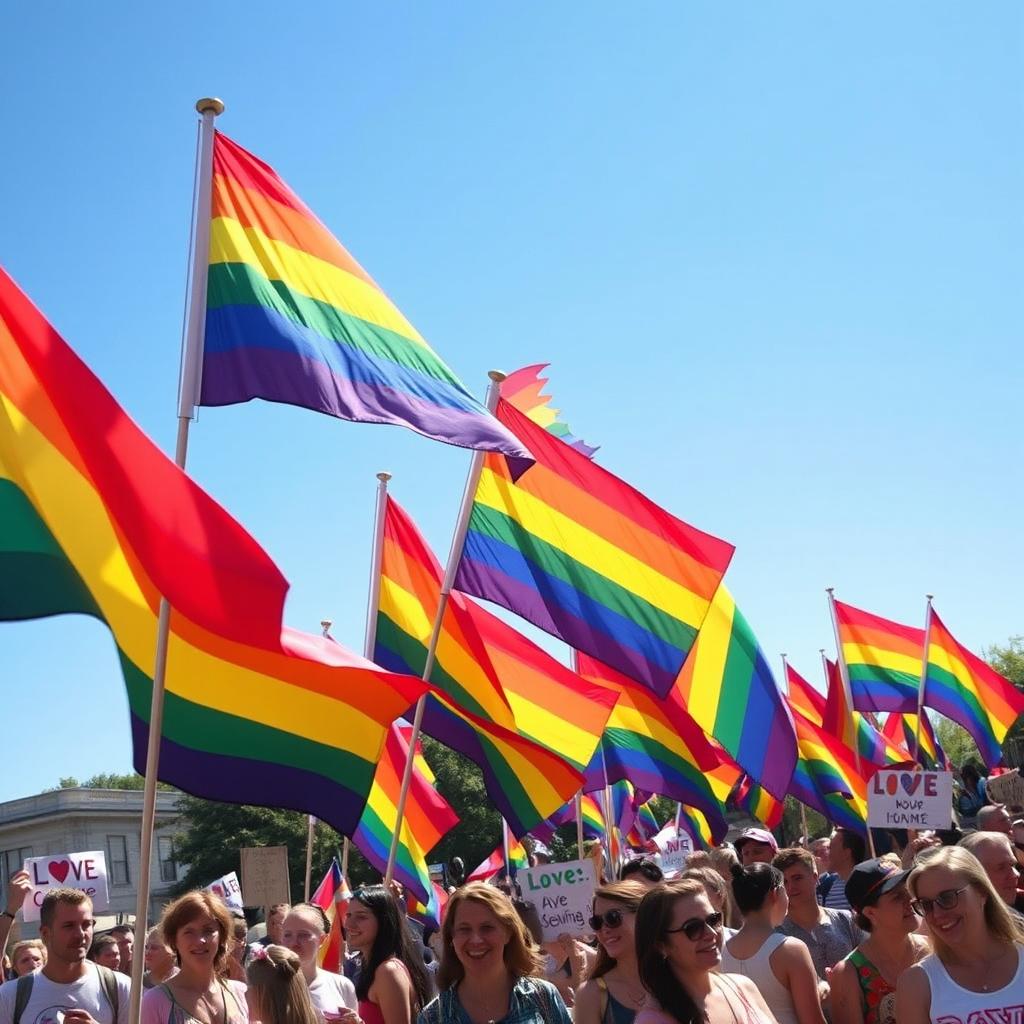 A vibrant display of colorful rainbow flags blowing in a gentle breeze, set against a bright blue sky