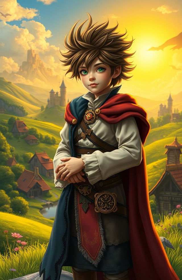 A young king of chaos, dressed in a whimsical fantasy outfit, stands in the vibrant medieval world of Kata