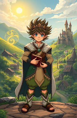 A young king of chaos, dressed in a whimsical fantasy outfit, stands in the vibrant medieval world of Kata