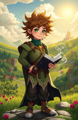 A young king of chaos, dressed in a whimsical fantasy outfit, stands in the vibrant medieval world of Kata