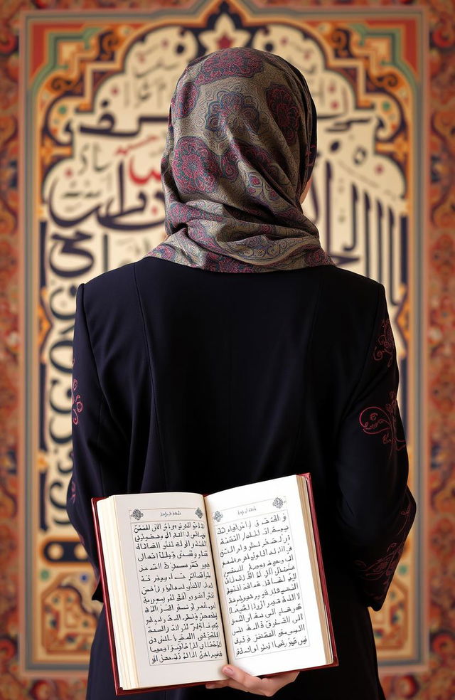 A woman wearing a beautifully patterned hijab, standing with her back to the viewer