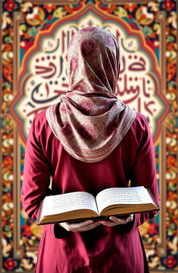 A woman wearing a beautifully patterned hijab, standing with her back to the viewer