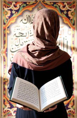A woman wearing a beautifully patterned hijab, standing with her back to the viewer