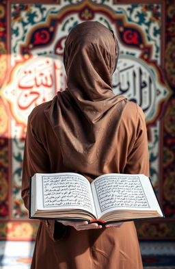 A woman wearing a beautifully patterned hijab, standing with her back to the viewer