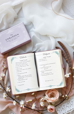 A beautifully designed healing journal titled 'The Unburden', featuring an ornate cover with soft, calming colors like lavender and sage green