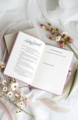 A beautifully designed healing journal titled 'The Unburden', featuring an ornate cover with soft, calming colors like lavender and sage green