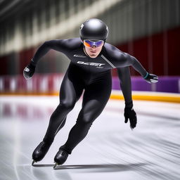 Form-fitting long-track speed skating attire for an adult male, designed for aerodynamics and speed, including a helmet, skin-tight suit, and speed skates.