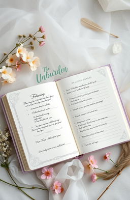 A beautifully designed healing journal titled 'The Unburden', featuring an ornate cover with soft, calming colors like lavender and sage green