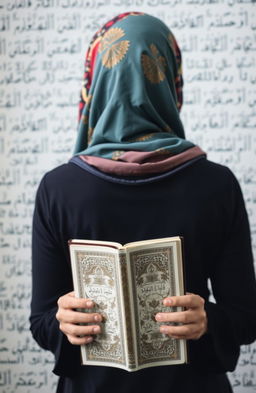 A woman wearing a beautiful, colorful hijab viewed from behind, standing against a softly blurred background filled with Arabic calligraphy and English text