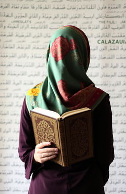 A woman wearing a beautiful, colorful hijab viewed from behind, standing against a softly blurred background filled with Arabic calligraphy and English text