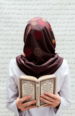 A woman wearing a beautiful, colorful hijab viewed from behind, standing against a softly blurred background filled with Arabic calligraphy and English text