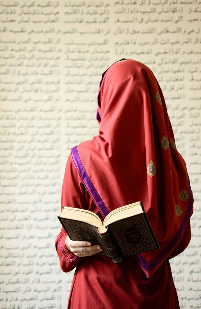 A woman wearing a beautiful, colorful hijab viewed from behind, standing against a softly blurred background filled with Arabic calligraphy and English text