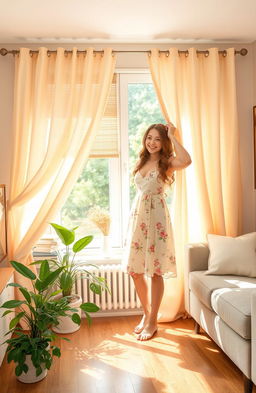A whimsical and cozy scene featuring a young woman named Katherine, affectionately known as Katya, preparing her living room with beautiful, flowing curtains