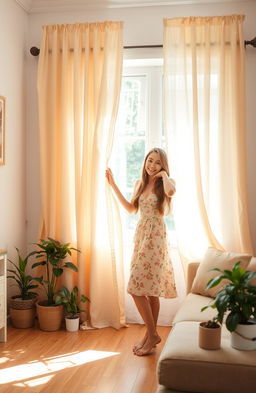 A whimsical and cozy scene featuring a young woman named Katherine, affectionately known as Katya, preparing her living room with beautiful, flowing curtains