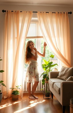A whimsical and cozy scene featuring a young woman named Katherine, affectionately known as Katya, preparing her living room with beautiful, flowing curtains