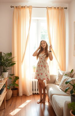 A whimsical and cozy scene featuring a young woman named Katherine, affectionately known as Katya, preparing her living room with beautiful, flowing curtains