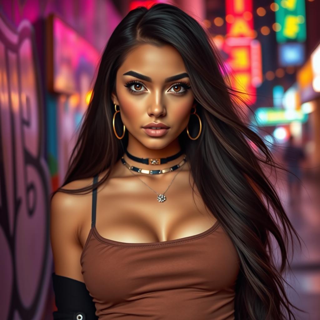 A stunning portrait of a young woman resembling Madison Beer, featuring long, flowing dark hair and captivating brown eyes