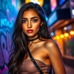 A stunning portrait of a young woman resembling Madison Beer, featuring long, flowing dark hair and captivating brown eyes
