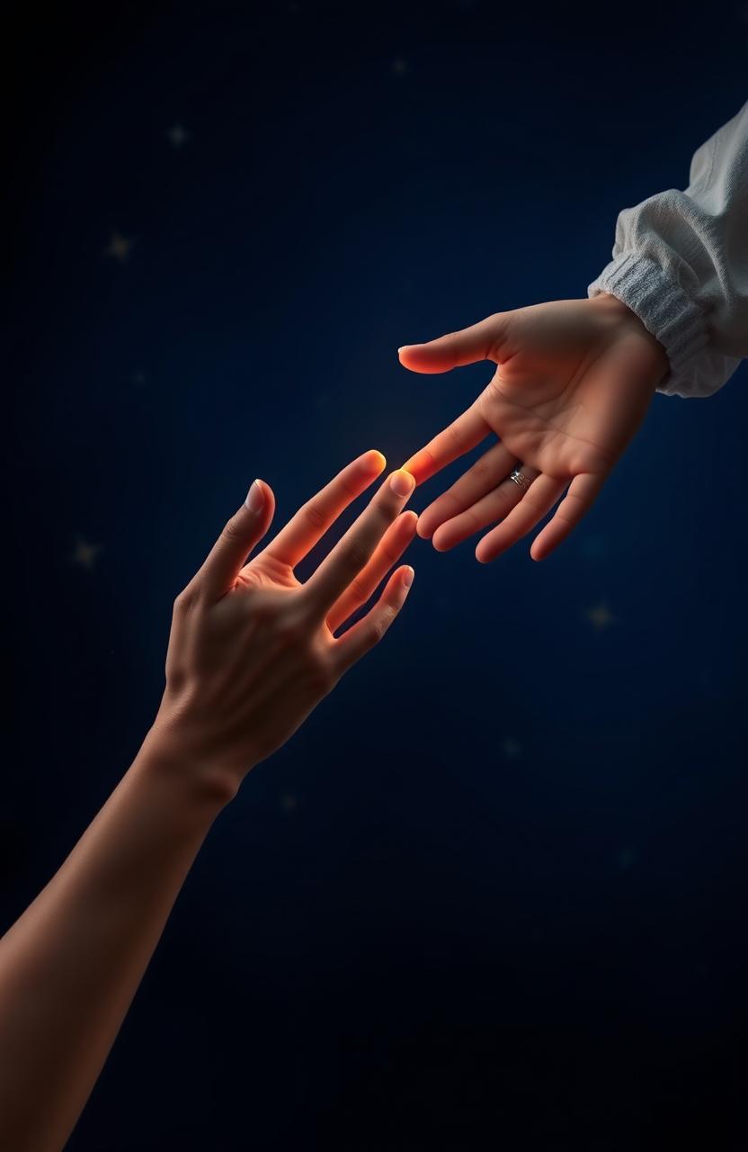 A poignant scene depicting one-sided love, featuring two hands reaching towards each other, with one hand extending out desperately while the other seems distant