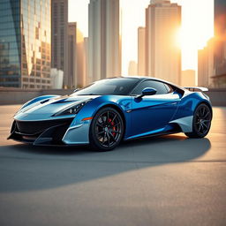 A stylish and modern sports car featuring a striking blue and white color scheme