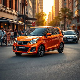 A vibrant, detailed image of a Suzuki S-Presso car parked in an urban setting