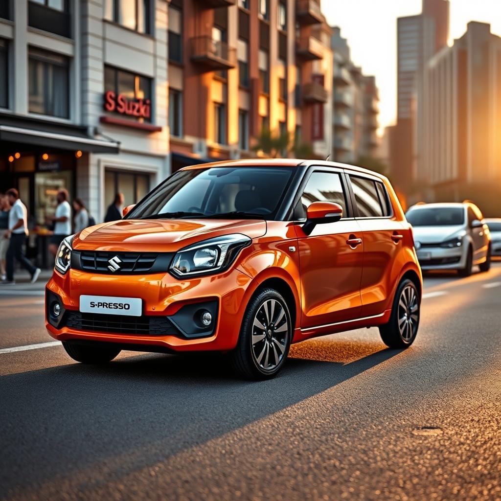 A vibrant, detailed image of a Suzuki S-Presso car parked in an urban setting