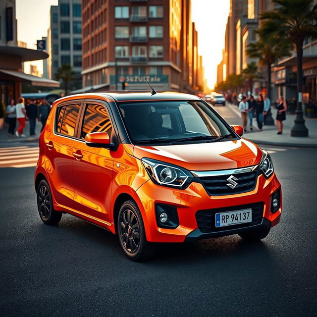 A vibrant, detailed image of a Suzuki S-Presso car parked in an urban setting