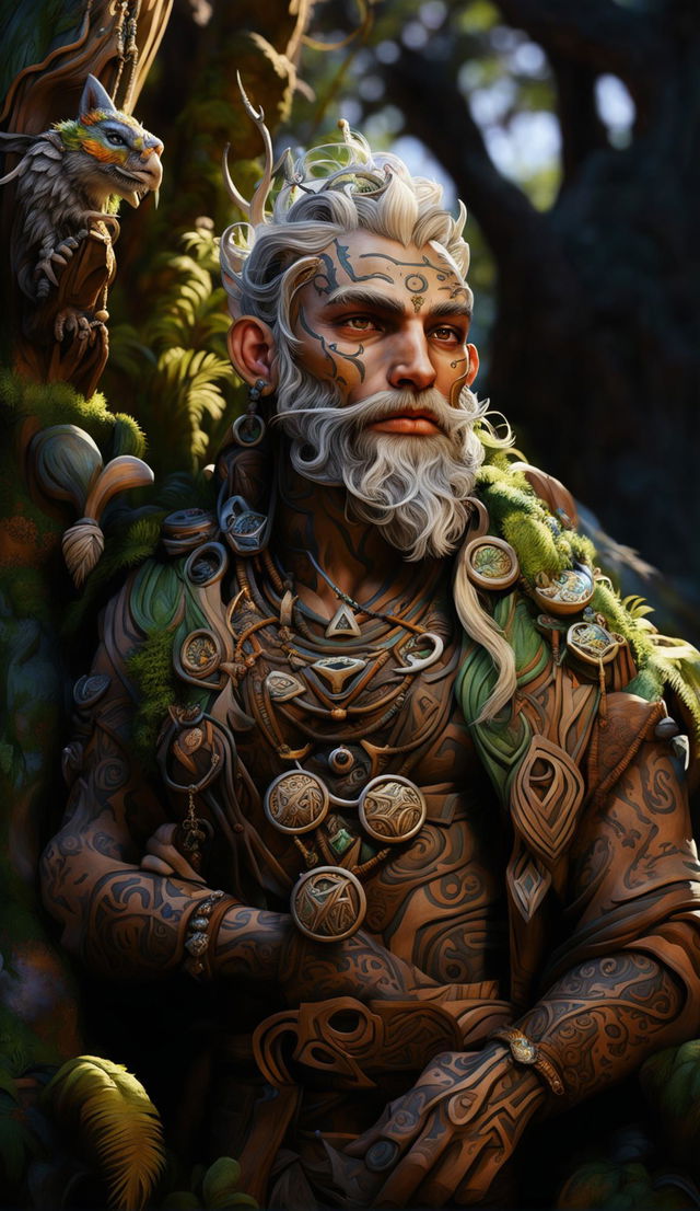 High-resolution DND art of a Druid in nature. The Druid's face is etched with wisdom and strength, adorned with intricate nature-inspired accessories. His attire is detailed with patterns of flora and fauna. The background is a vivid forest scene with a variety of woodland creatures. The image is highly detailed and picturesque.