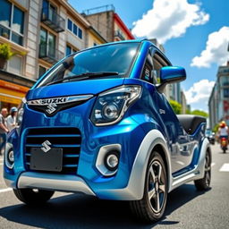 A striking image of a blue and white Suzuki S-Presso car parked against an urban backdrop